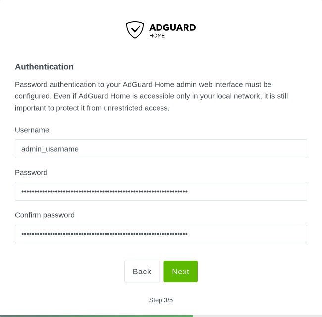 Adguard Home wizard authentication.