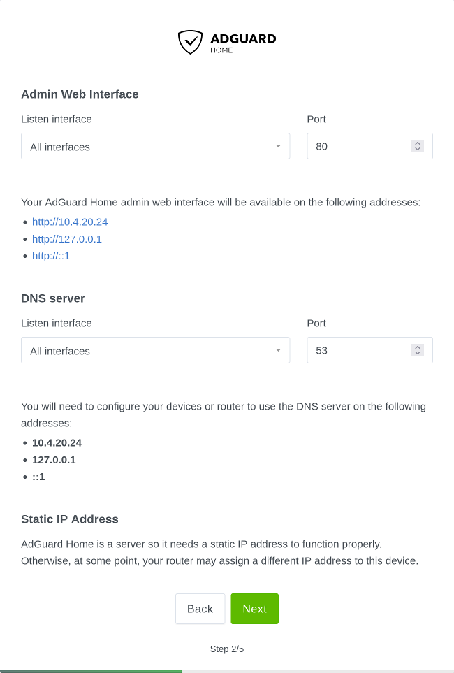 Adguard Home wizard interfaces.