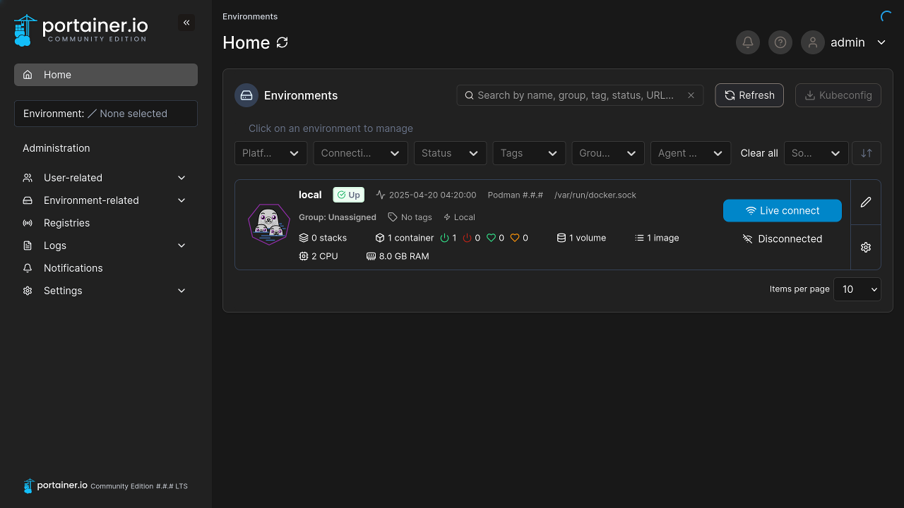 Portainer environment home page.
