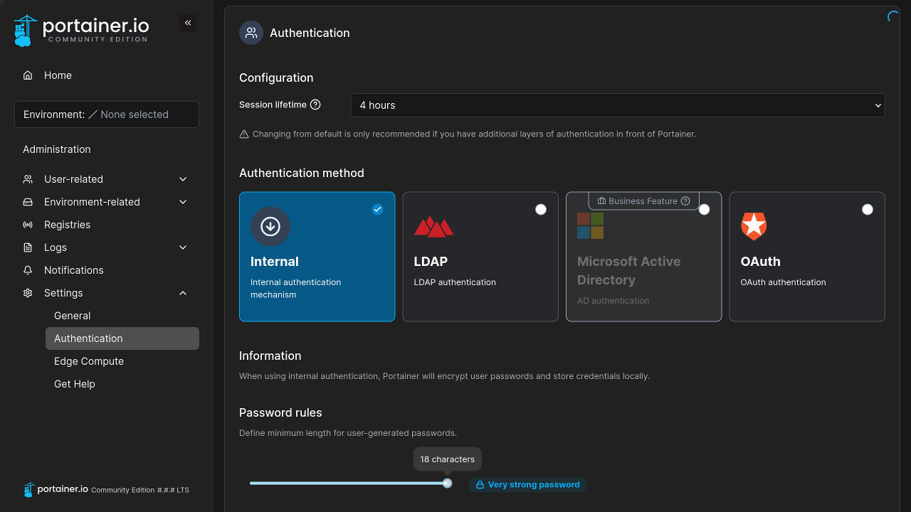 Portainer authentication settings.