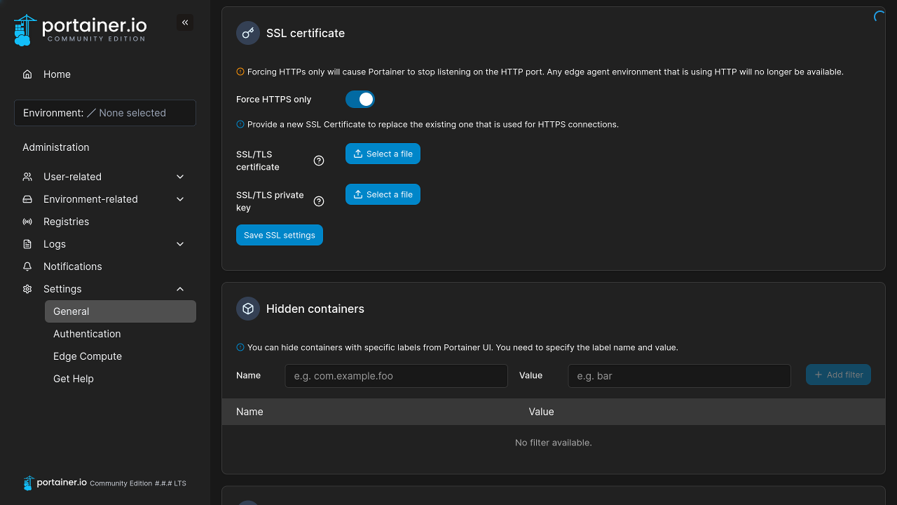 Portainer general settings.