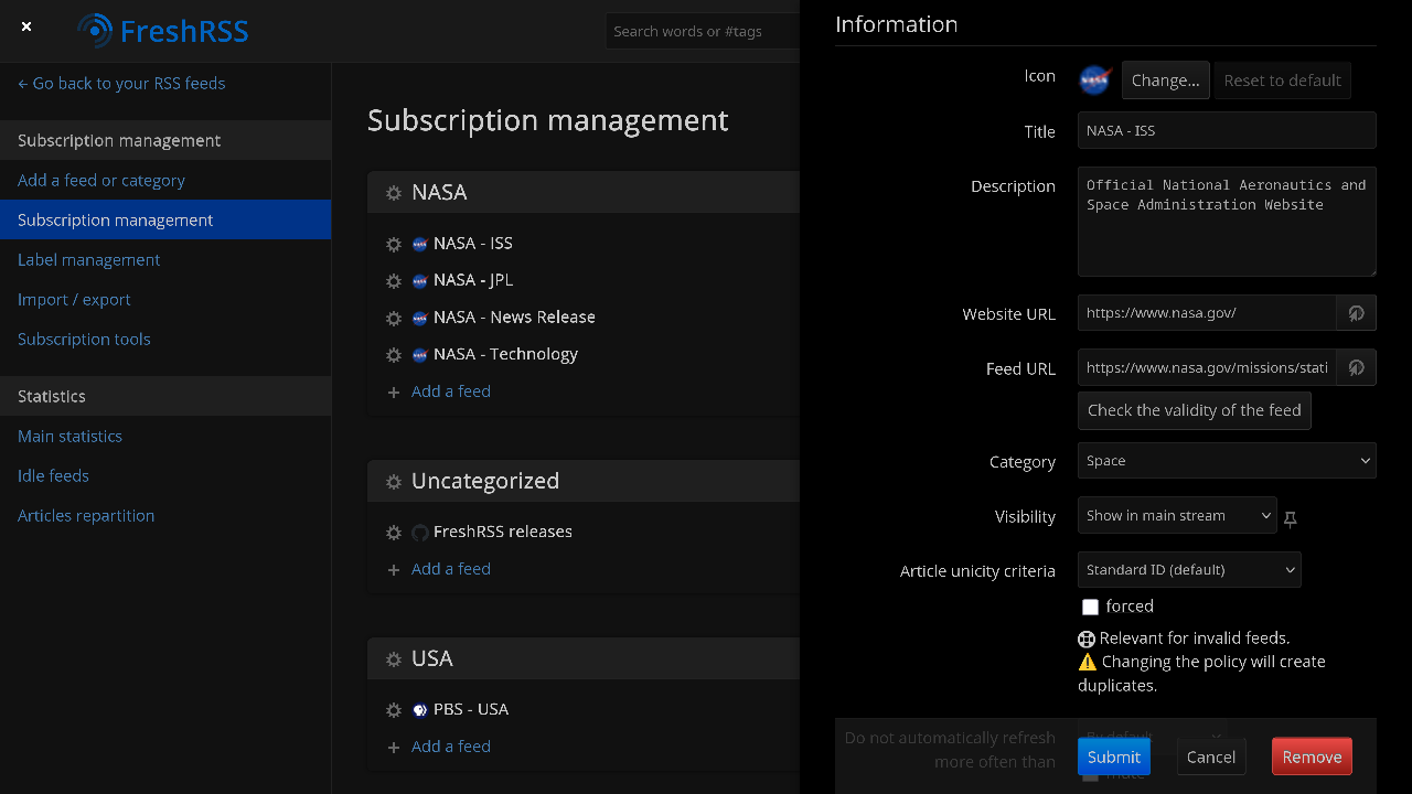 FreshRSS feed management page.