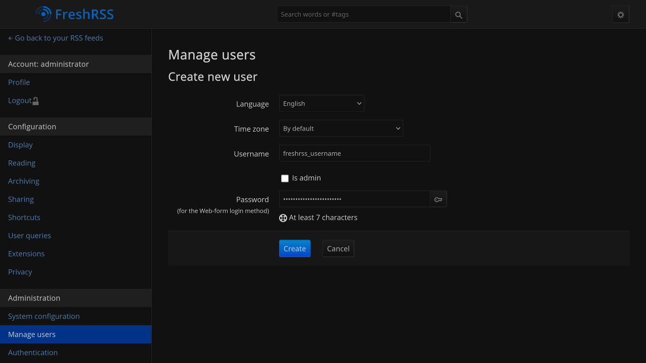 FreshRSS manage users page.
