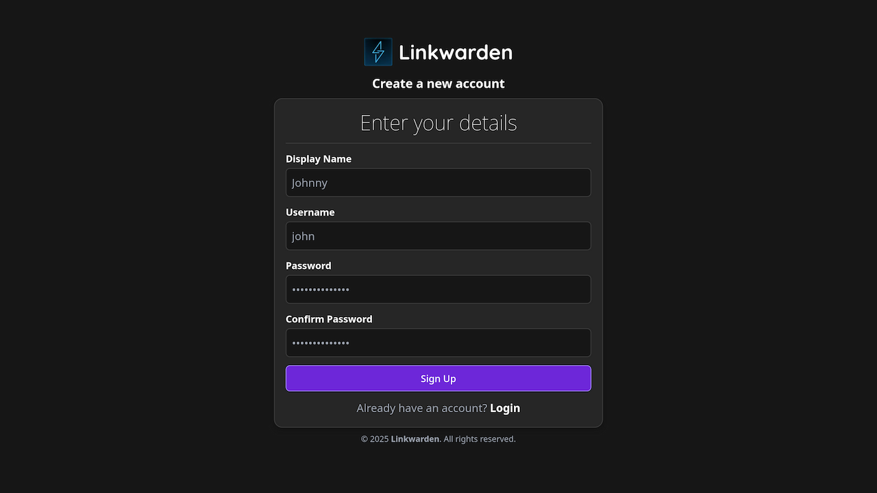 Linkwarden login page.
