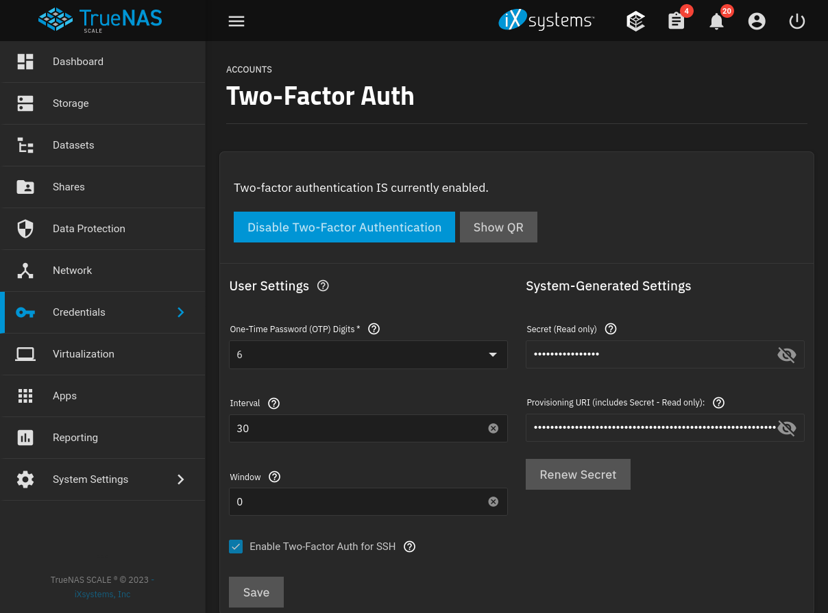 TrueNas two-factor authentication management page.
