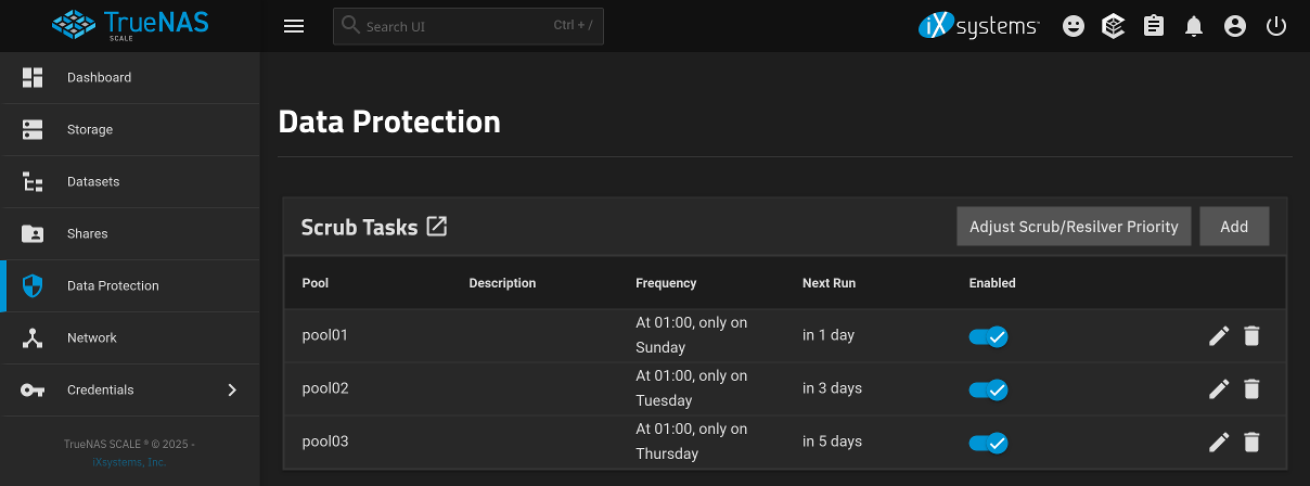 Screenshot of Data Protection Scrub Tasks.