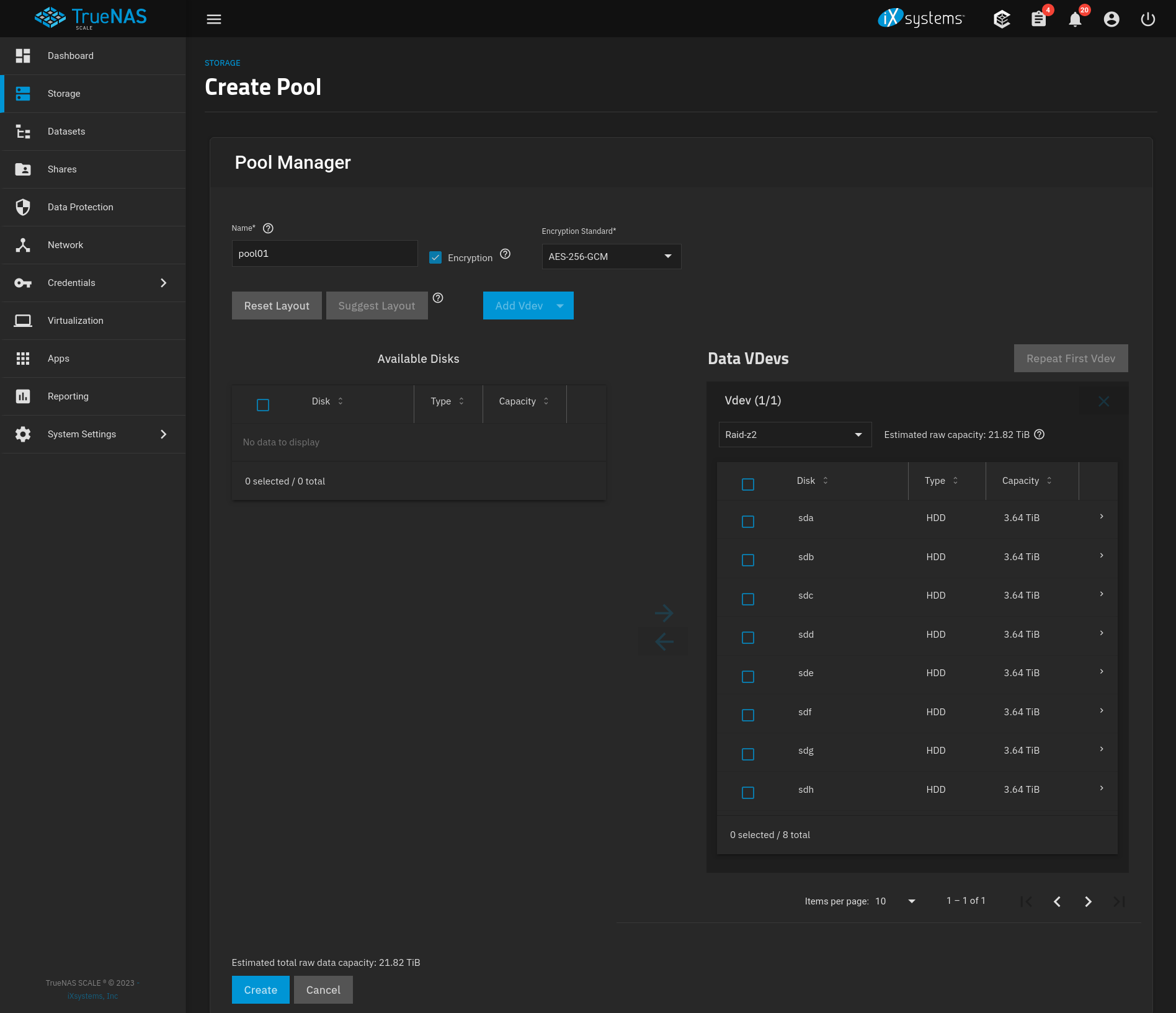 Screenshot of Pool Manager creating an 8 disk Raid-z2 array.
