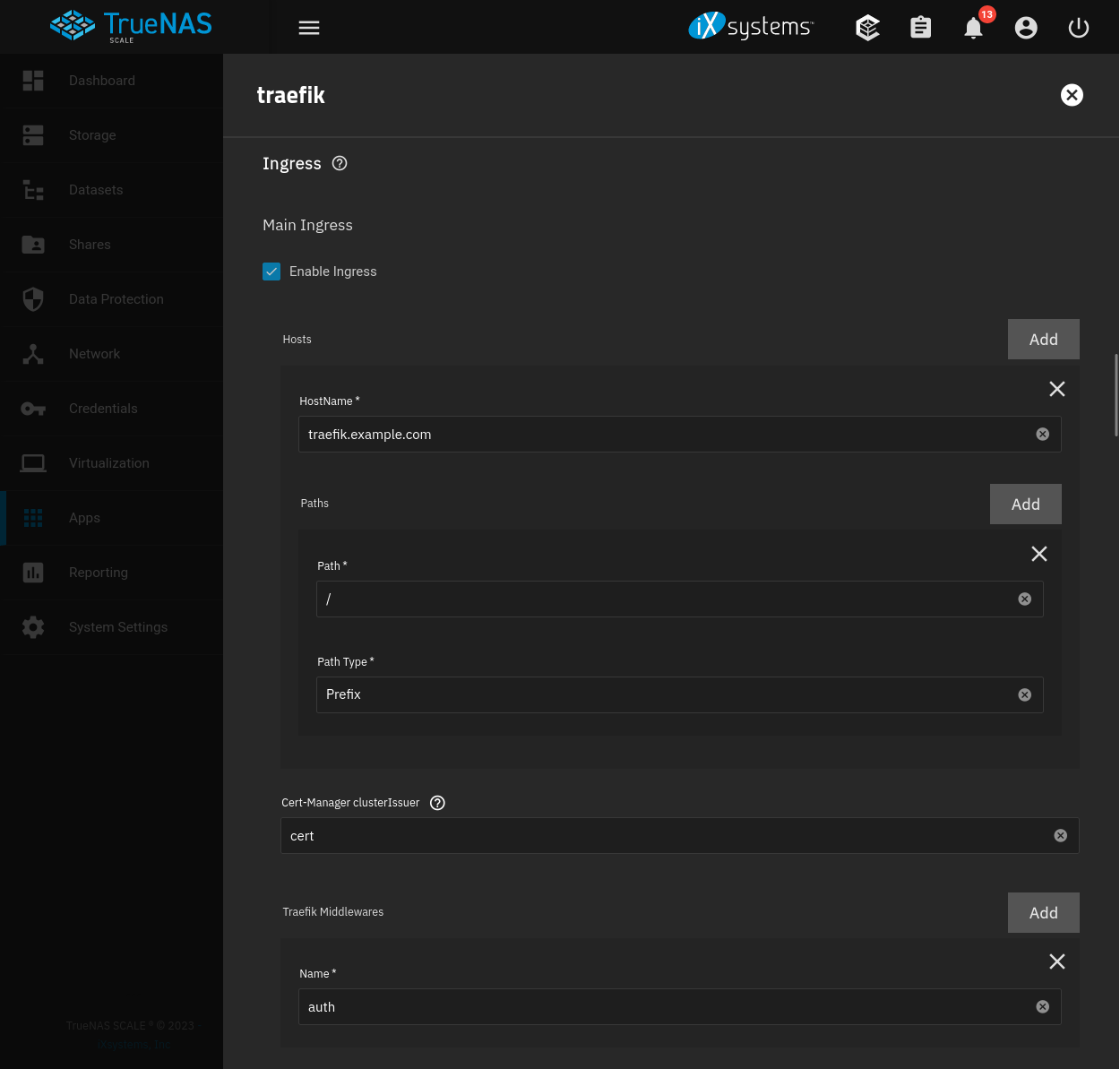 Traefik ingress with auth middleware.