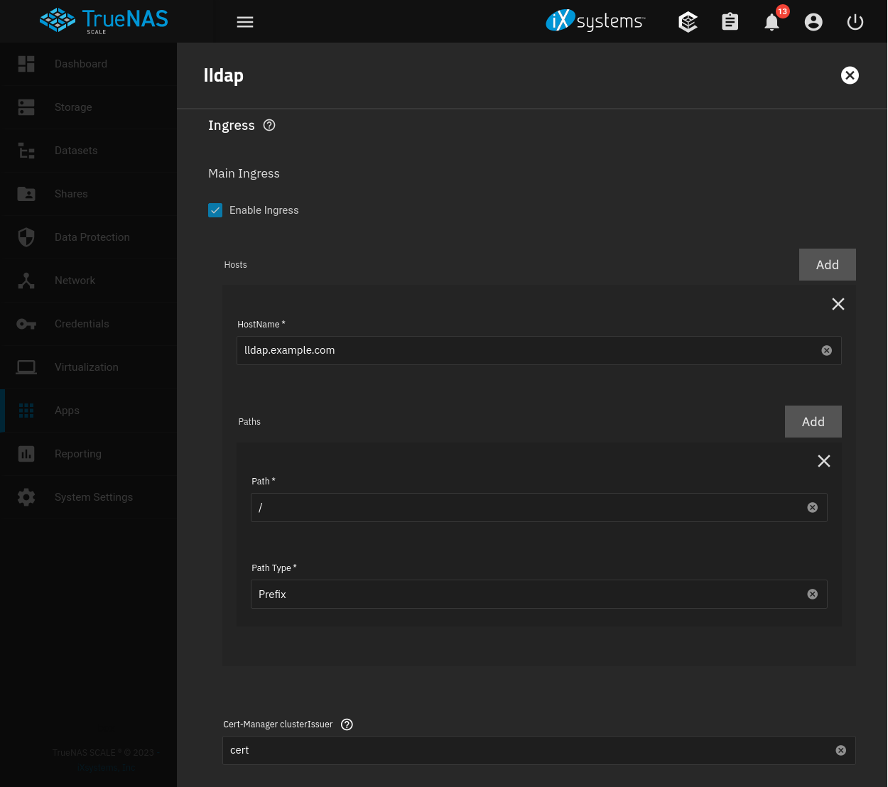LLDAP ingress configuration with ‘cert’ ClusterIssuer.