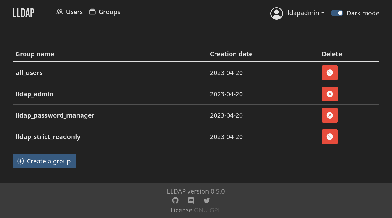 LLDAP Groups page.