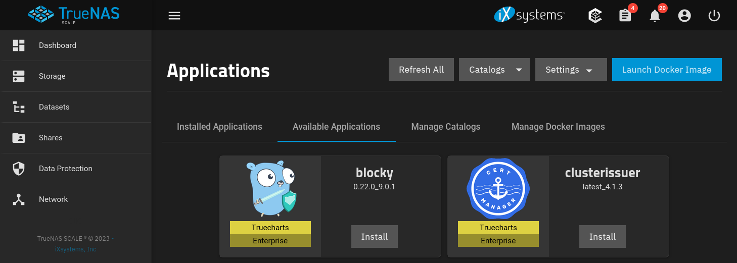 TrueNAS available applications from TrueCharts.